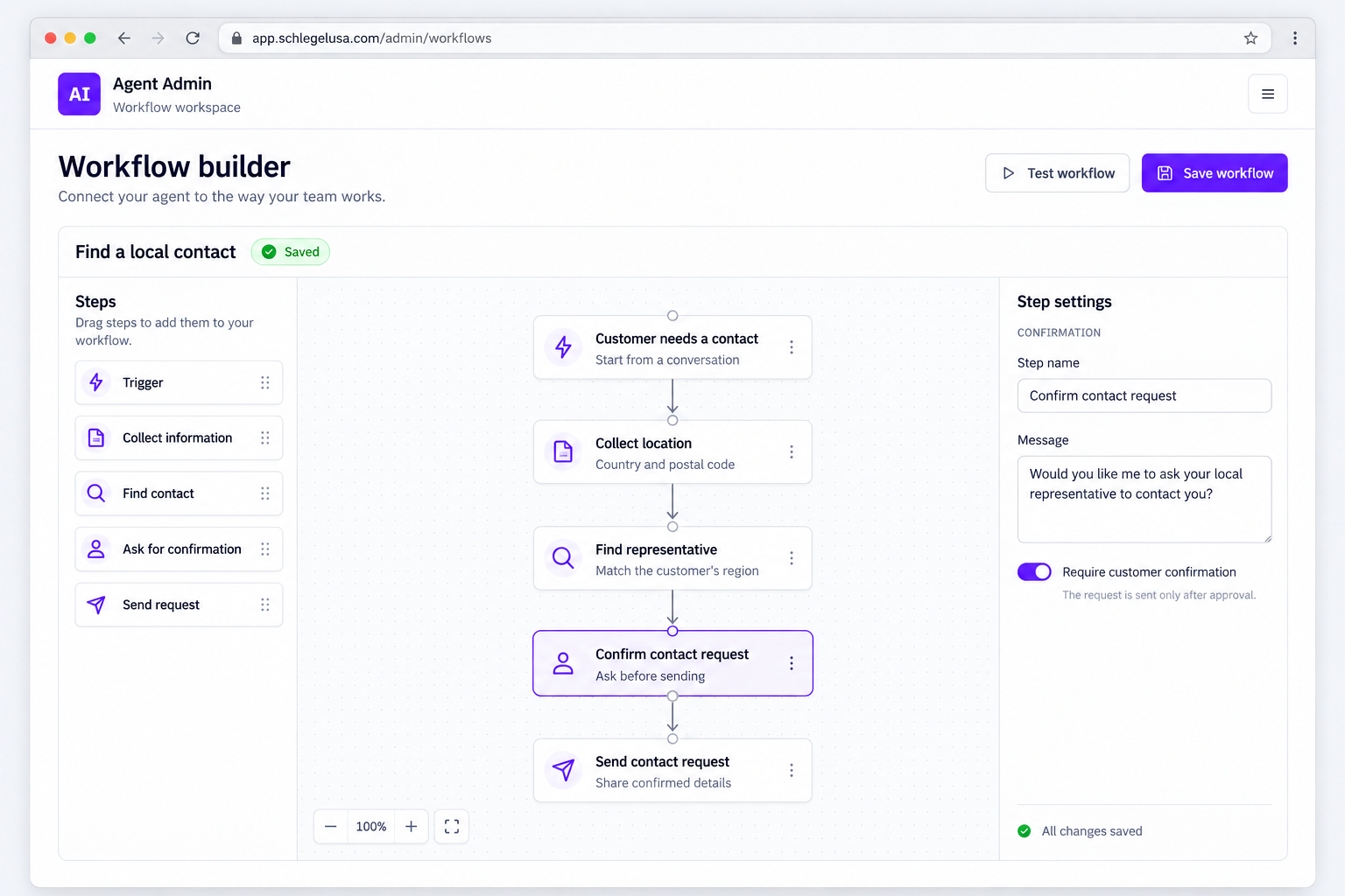Custom workflow configuration for an agent