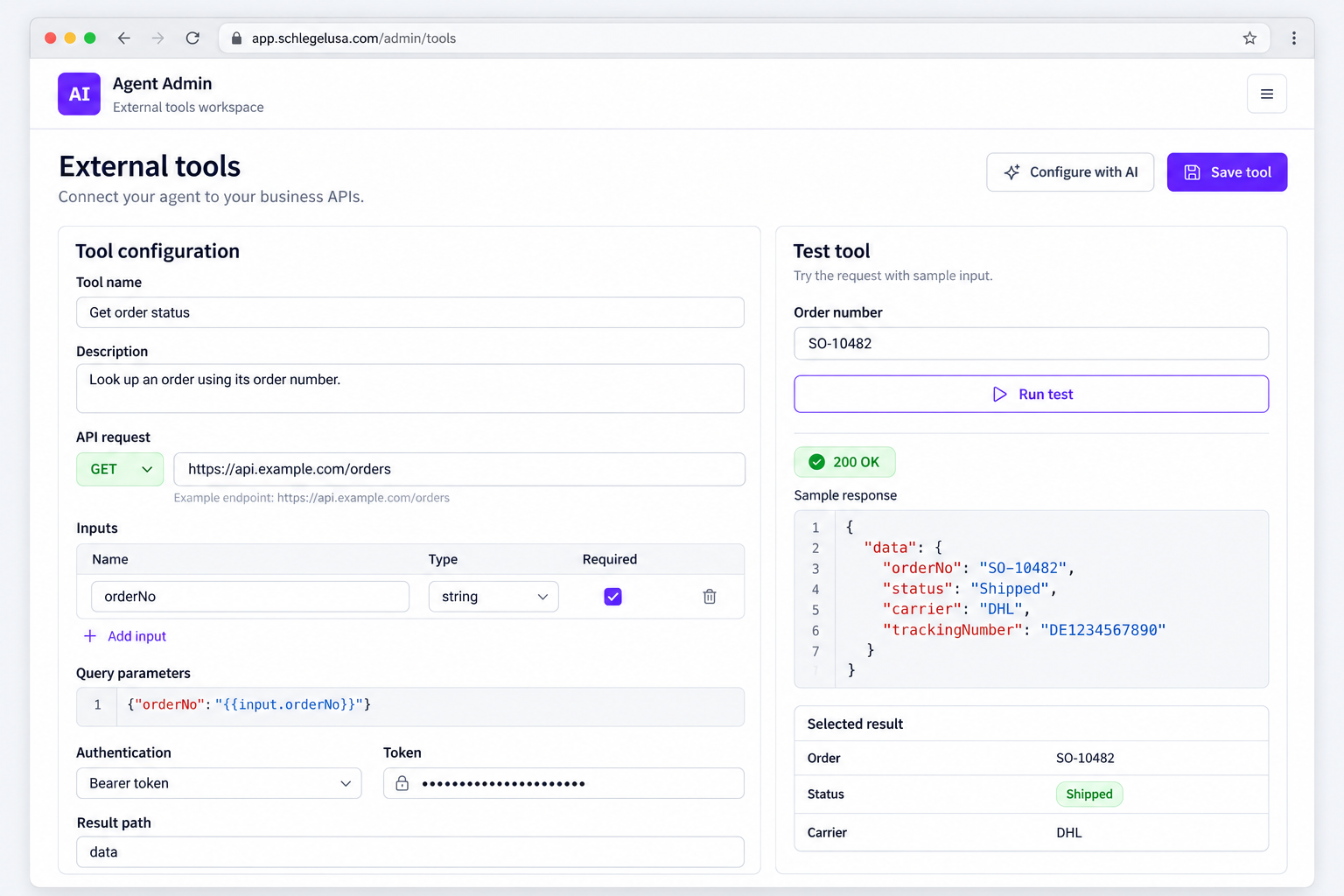 External tools builder showing API configuration and a sample order-status response