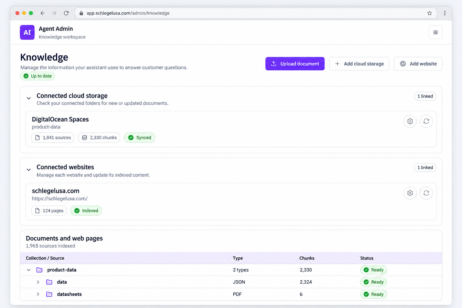 Agent knowledge console showing indexed product documents and website sources