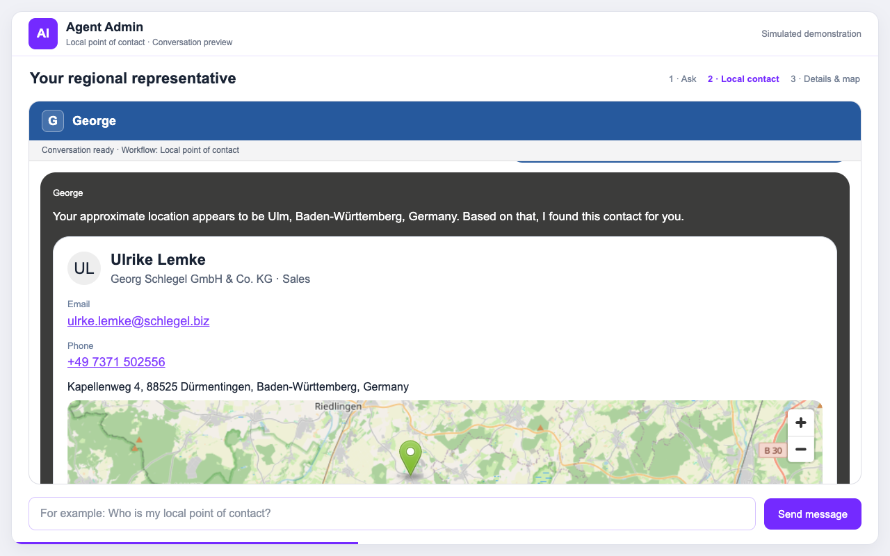 Simulated local contact lookup showing a typed location, representative details, email, phone, address and a map