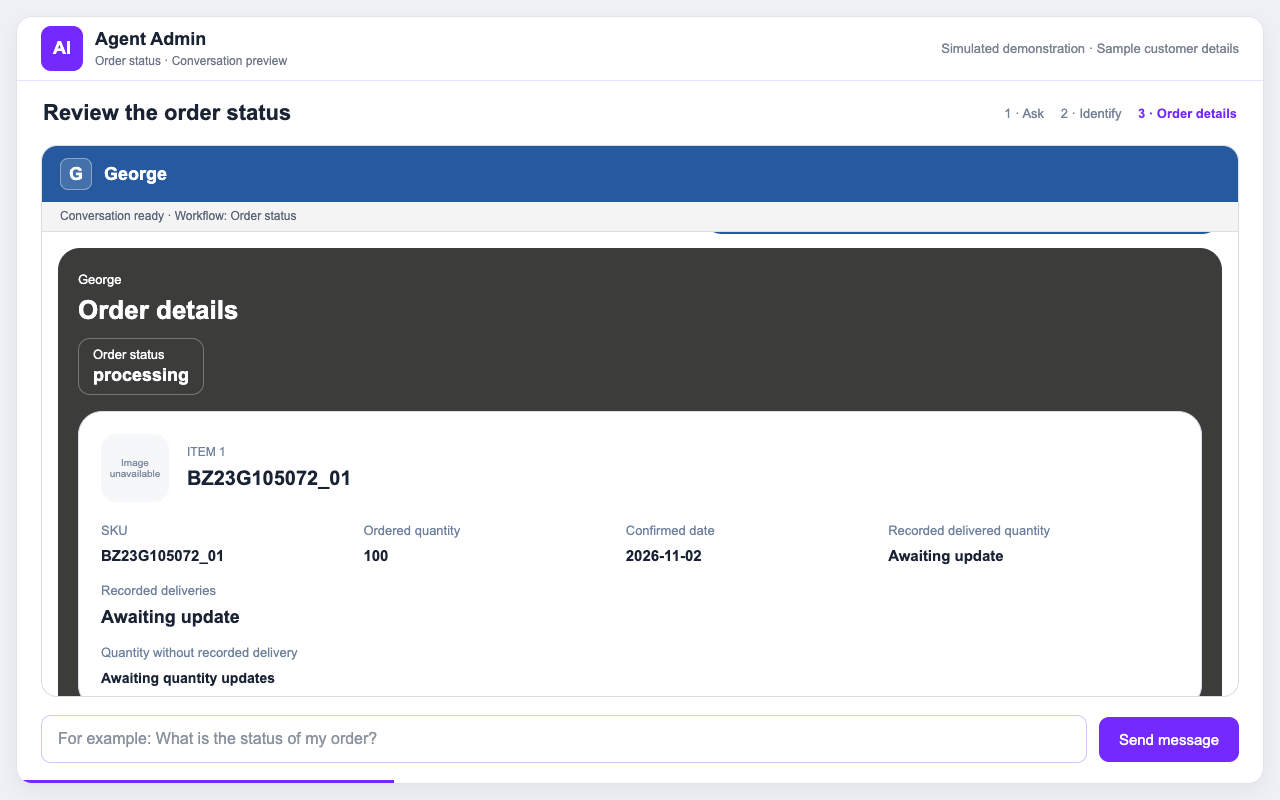 Simulated order lookup showing typed order information, processing status, and nine line items with quantities, dates and recorded deliveries
