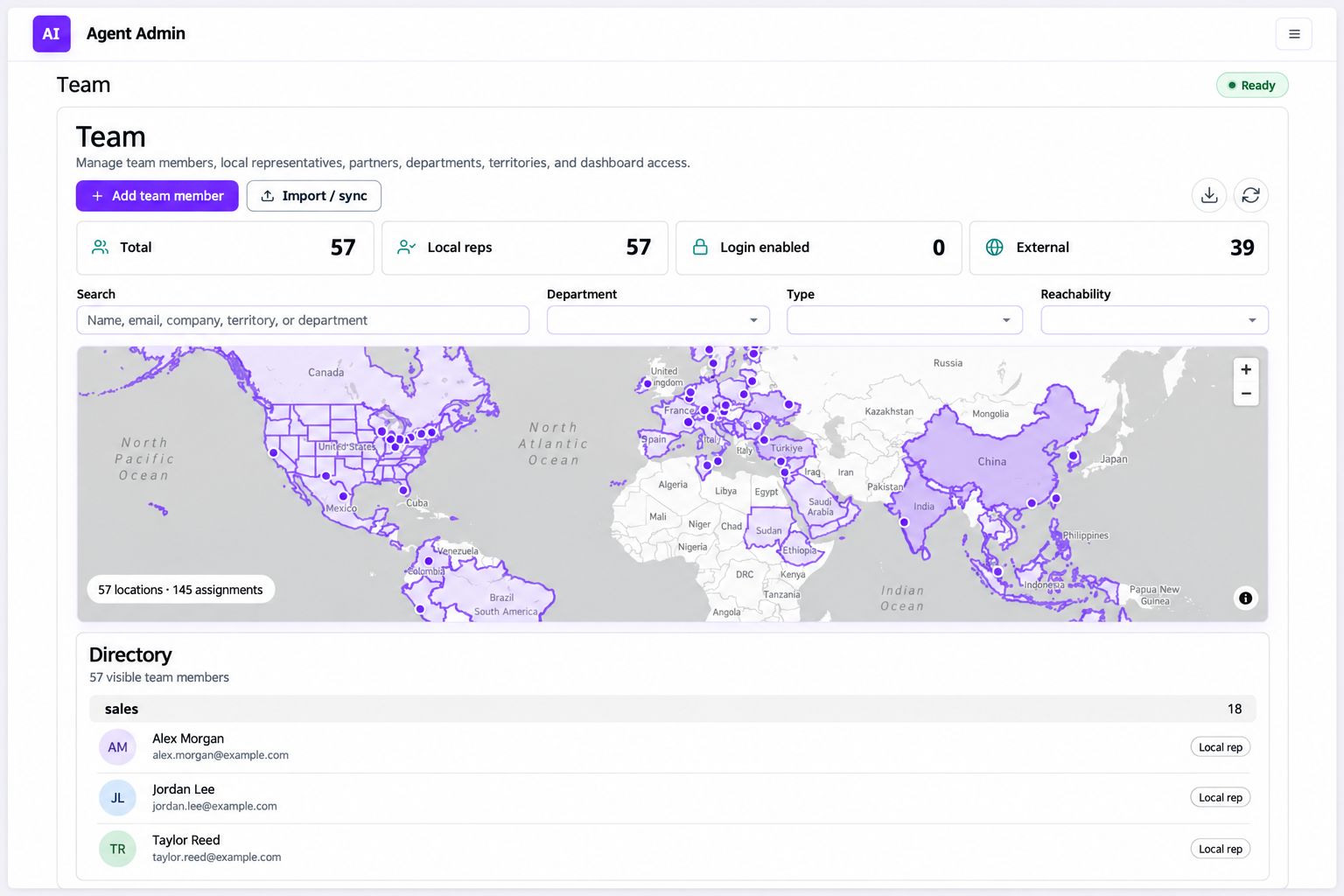 Team database with summary cards, filters, a world map of geographic assignments, and a directory of local representatives